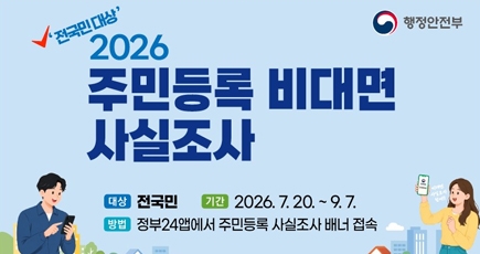행정안전부
전국민대상 2026 주민등록 비대면 사실조사
대상 : 전국민
기간 : 2026.7.20.~9.7.
방법 : 정부24앱에서 주민등록 사실조사 배너 접속