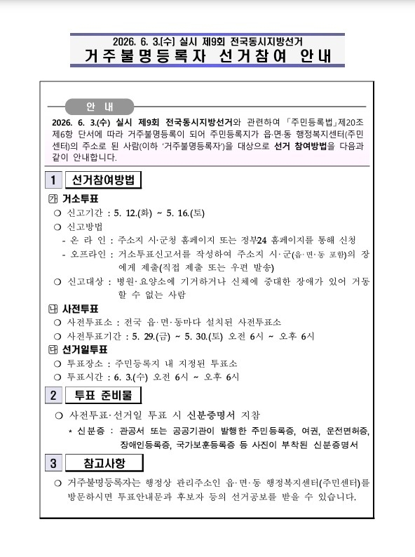 제9회 전국동시지방선거 거주불명등록자 대상 선거참여 안내 이미지 1
